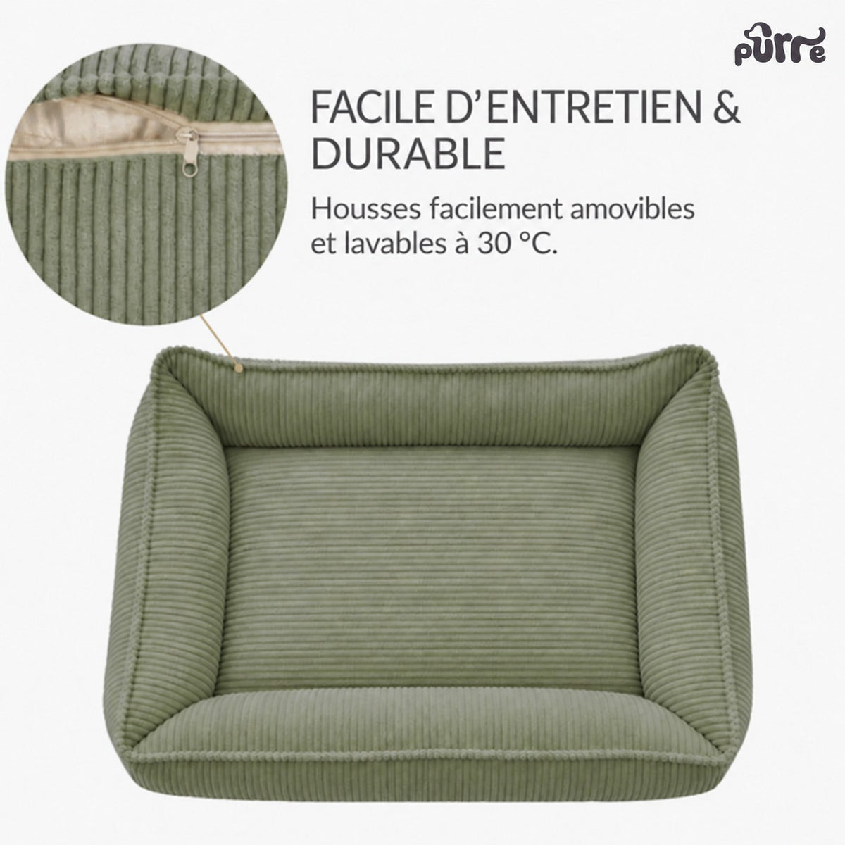 Nino Corduroy Dog Basket Bed with Removable Cover – Olive Green, S
